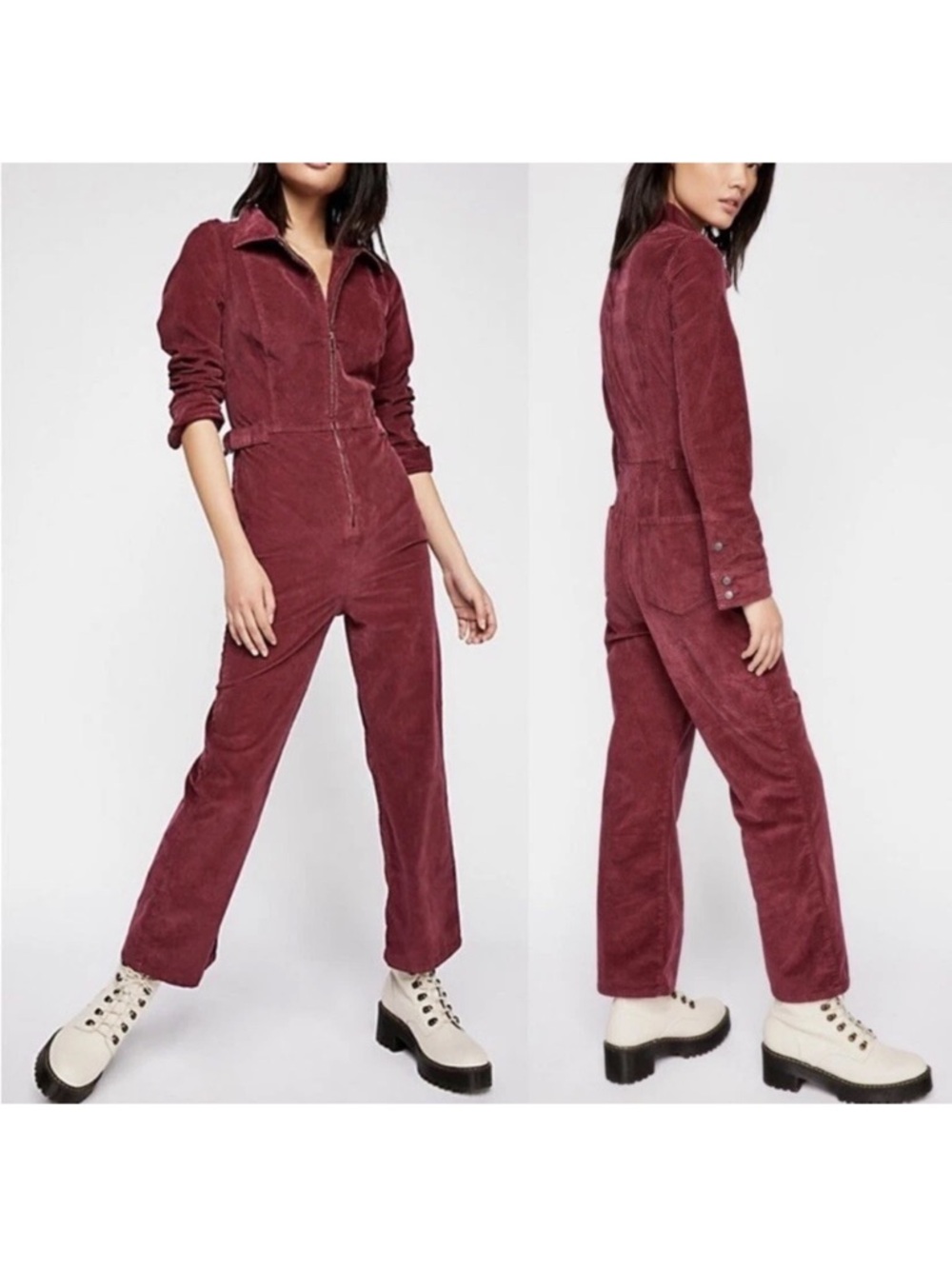 Free People Wine Corduroy Zip-Front Jumpsuit sz 8